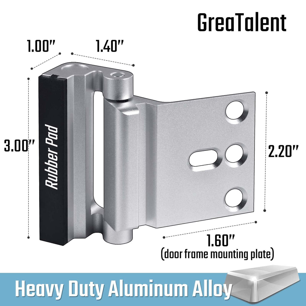 GreaTalent 2PACK Home Security Door Reinforcement Lock Childproof, Add High Security to Home Prevent Unauthorized Entry, Aluminum Construction Finish, Frame Lock, Silver