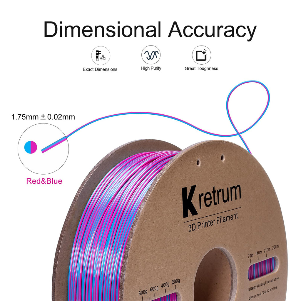 Kretrum Dual Color Silk PLA 3D Printer Filament 1.75mm Silk PLA Color Changing 3D Printing Filament 1kg / 2.2lbs Purple & Blue