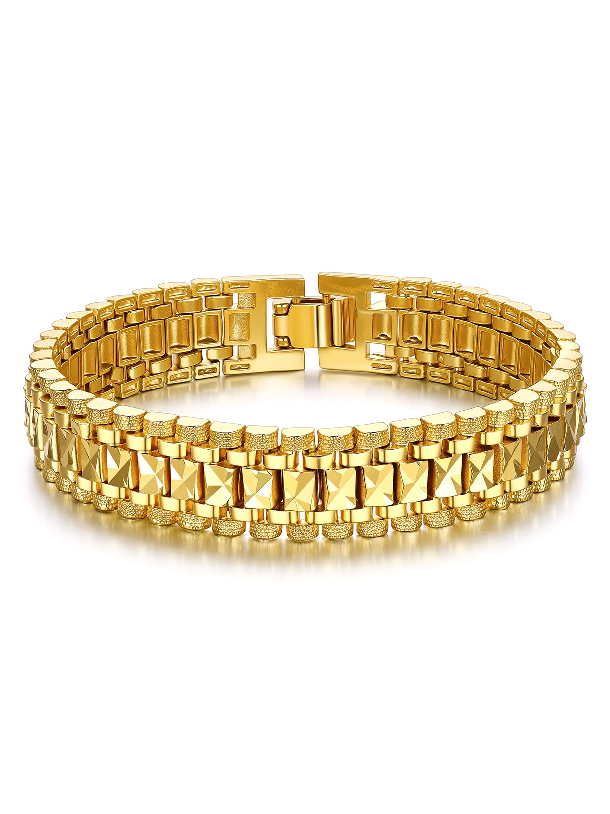 U7 Gold Bracelet for Men，14K Yellow Gold Plated Solid Mens Bracelet 12mm