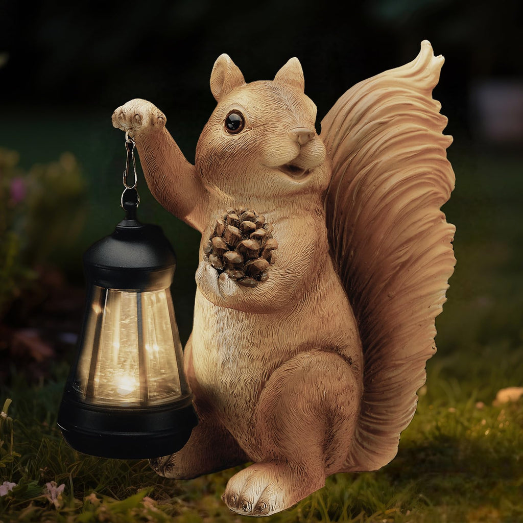 Elegondrar Solar Squirrel Garden Statue Outdoor Decor, Brown, Resin
