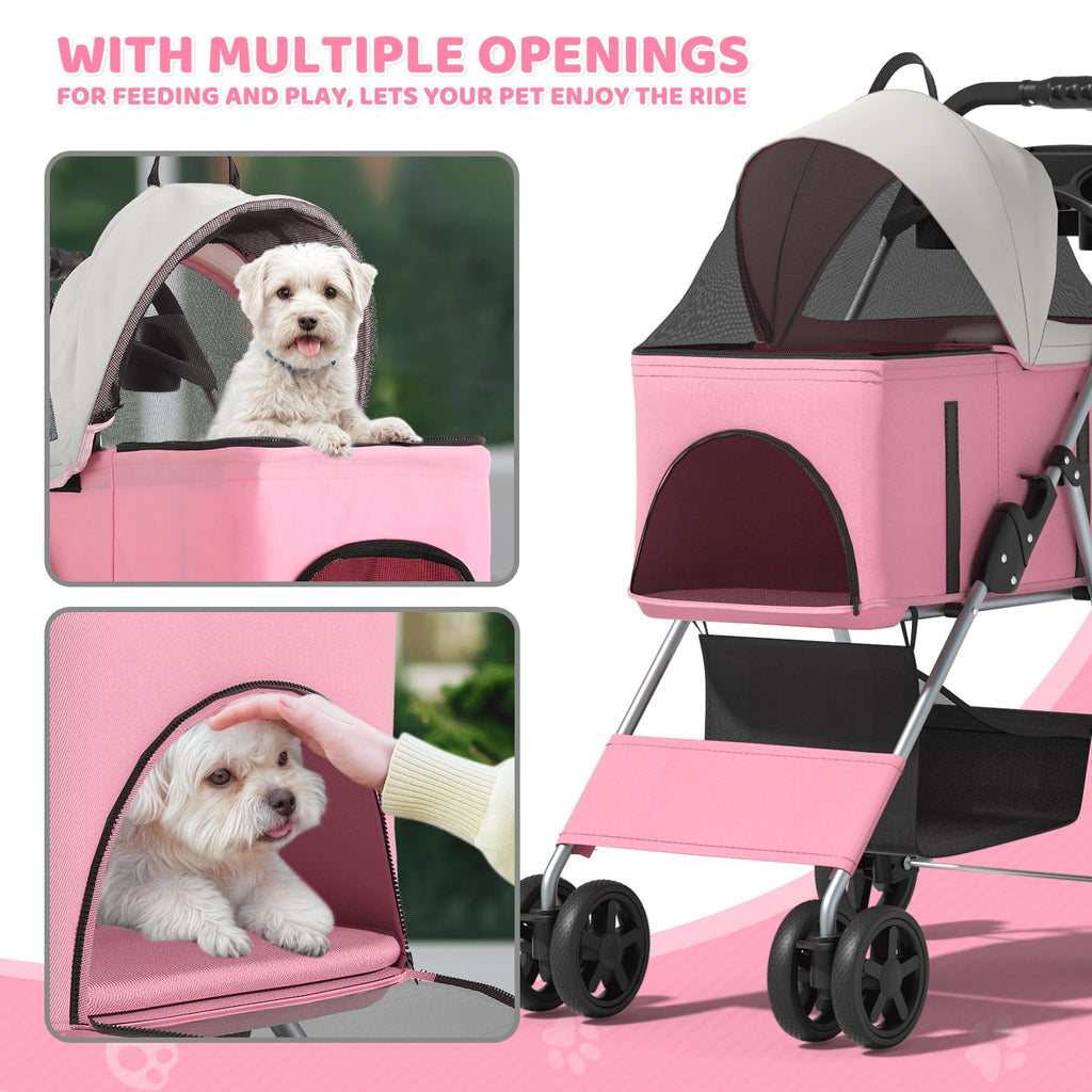 Magshion Foldable Pet Stroller, 3-in-1 Dog Travel Jogger with Detachable Carrier, Cup Holder, Storage Basket, Folding Carrier for Small/Medium Dogs & Cats Up to 33 lbs, Pink