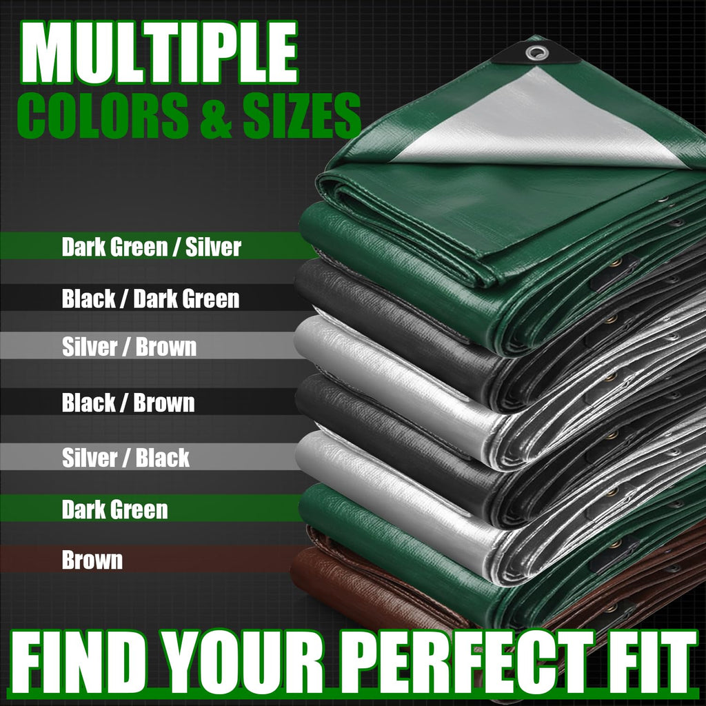 Sunvigor Tarp Waterproof 10x12Ft, Extra Thick 16 Mil Heavy Duty Tarp Cover, Tear & Fade Resistant, Outdoor Tarps with Brass Grommets and Reinforced Edges for Roof, Camping, Patio, Boat (Green/Silver)