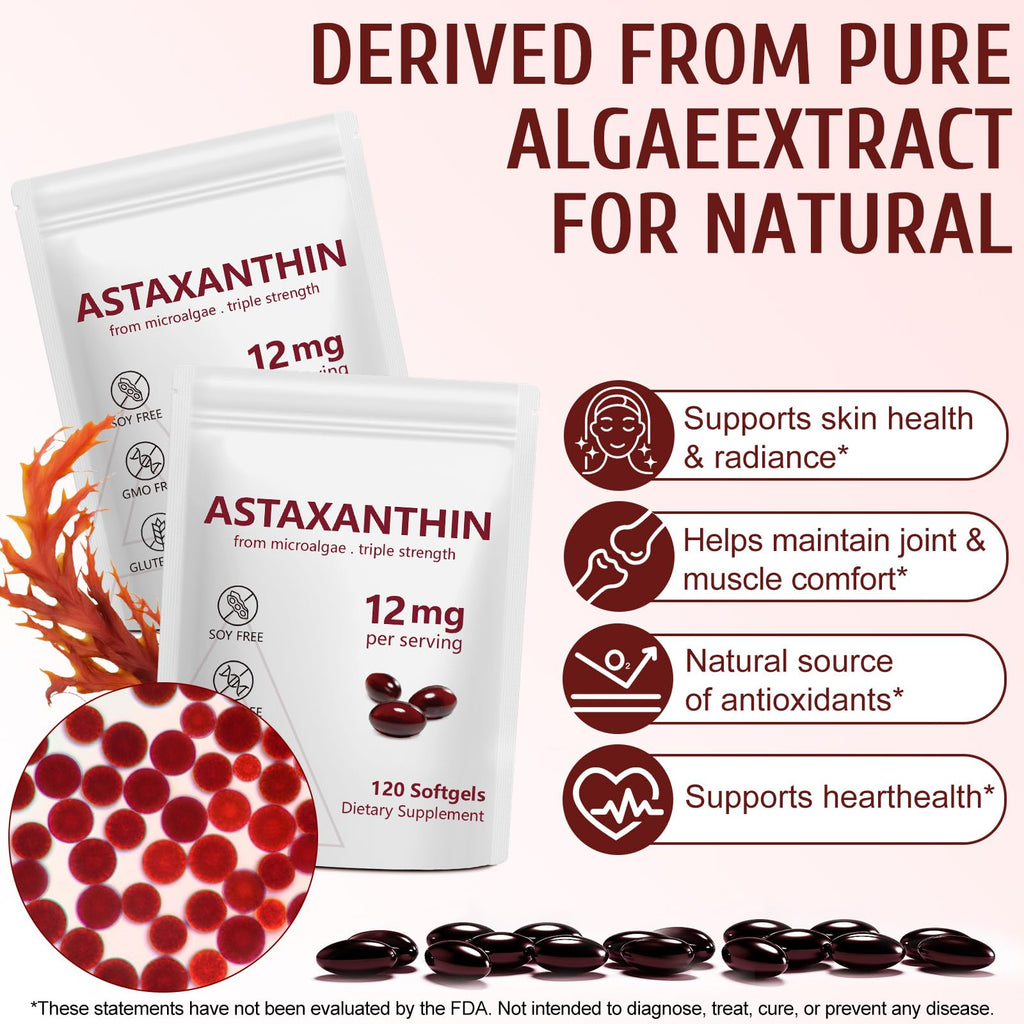 NenMaoKeNu Astaxanthin 12mg, Premium Astaxanthin Antioxidant Supplements with Antioxidant Activity, Supports Eye, Immune, Skin Health, Internal Circulation-120 Softgels