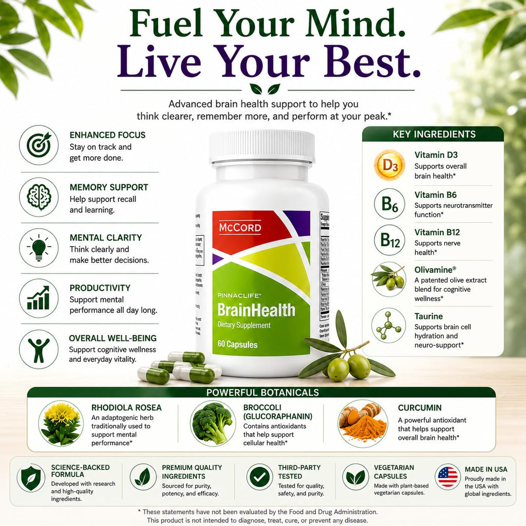 Pinnaclife McCord BrainHealth Brain Supplement with Olivamine, Vitamin D3, B6 & B12, Rhodiola Rosea, Magnesium & Taurine, Supports Memory, Focus, Clarity & Productivity for Men and Women