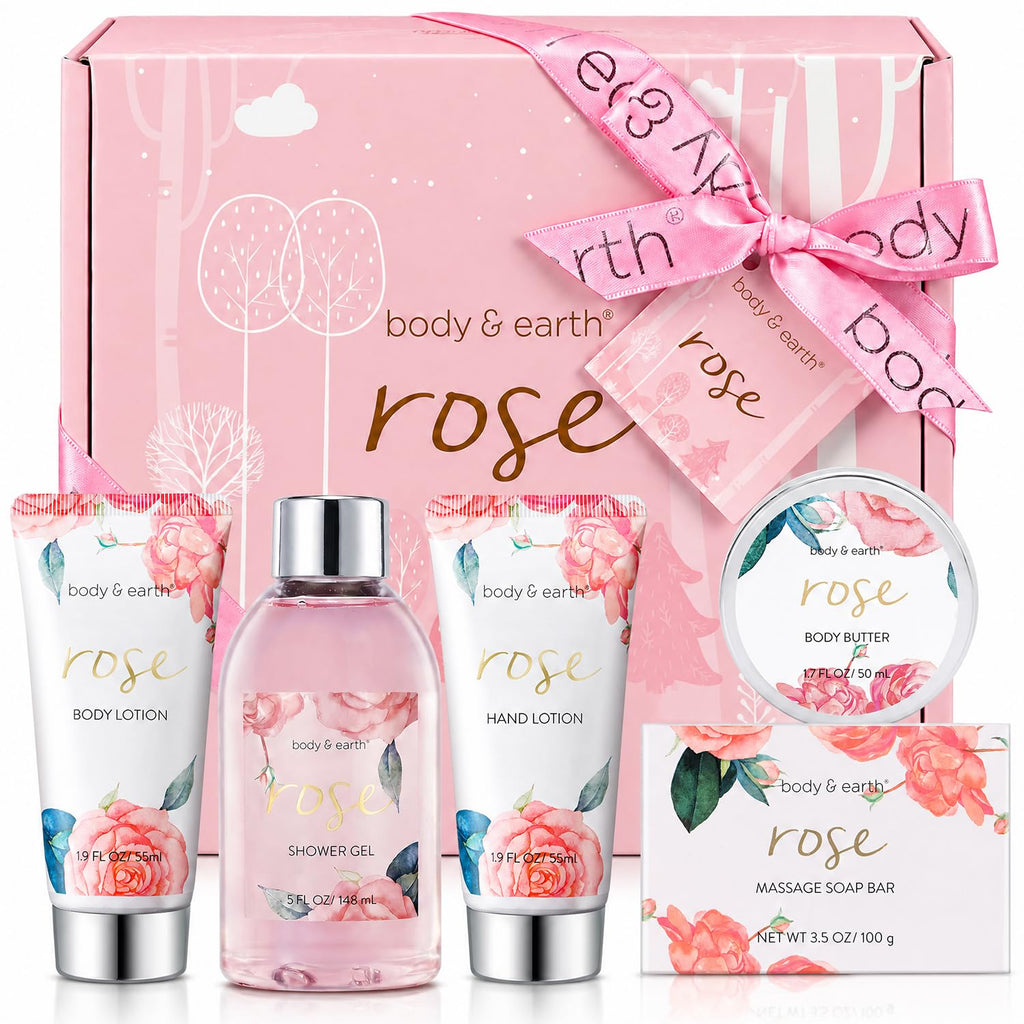 BODY & EARTH Spa Gift Set for Women - Luxurious 5 Pcs Bath and Body Box, Rose Scent, Includes Body Wash, Body Butter, Body Lotion and More, Birthday Christmas Gifts for Mom Self Care Kit for Her