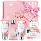 BODY & EARTH Spa Gift Set for Women - Luxurious 5 Pcs Bath and Body Box, Rose Scent, Includes Body Wash, Body Butter, Body Lotion and More, Birthday Christmas Gifts for Mom Self Care Kit for Her