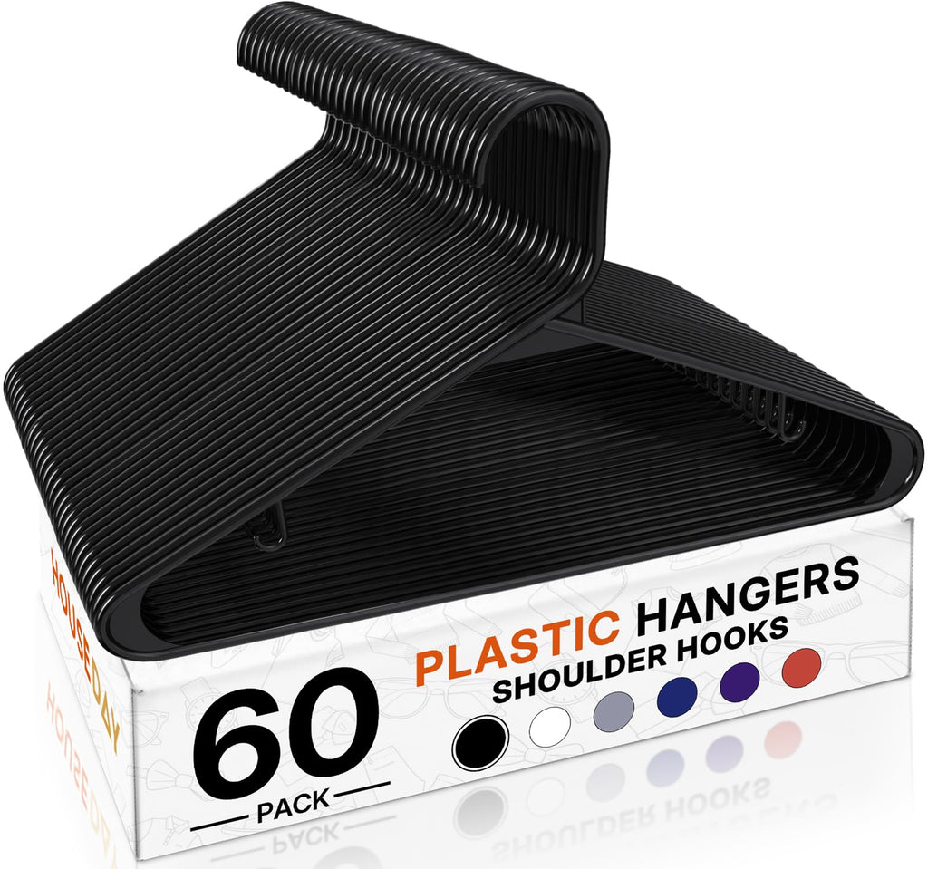 HOUSE DAY Black Plastic Hangers 60 Pack, Slim Space-Saving Clothes Hangers