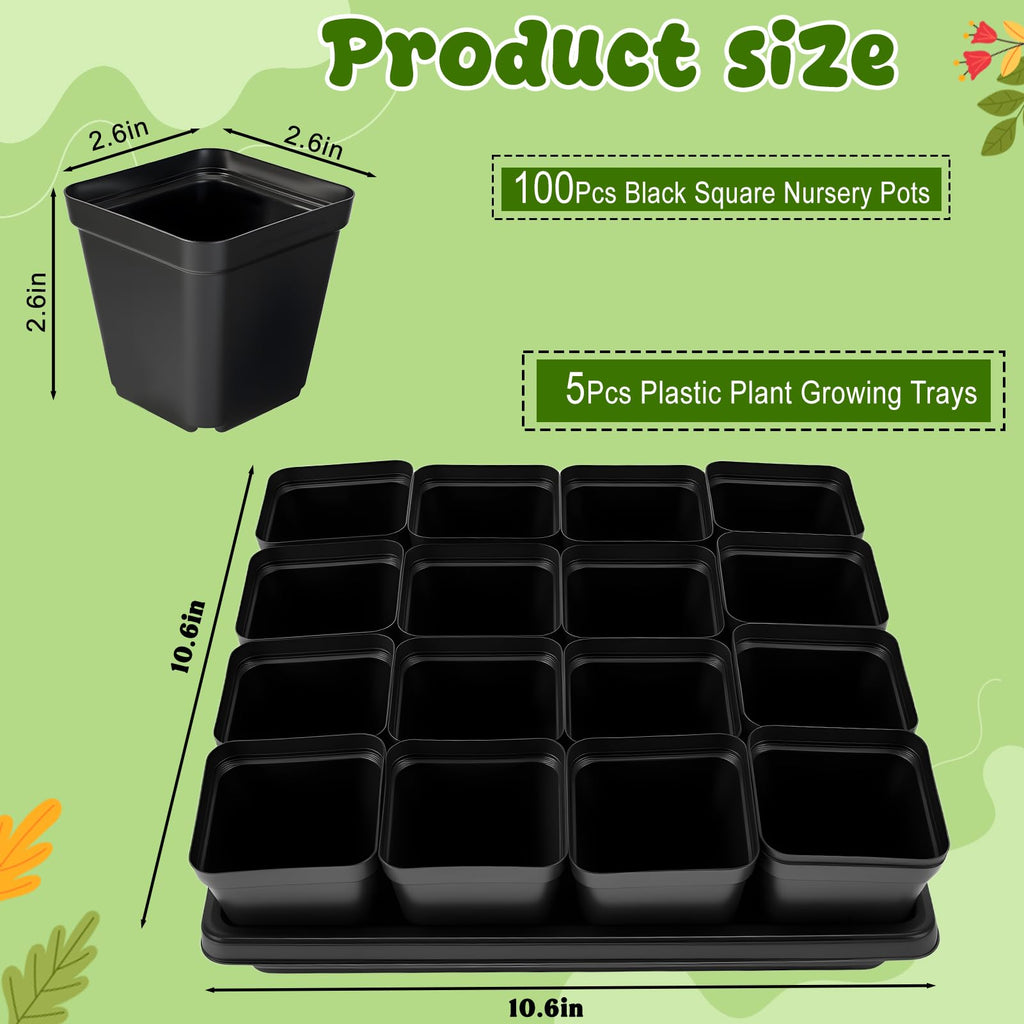 2.6in 100 Pcs Square Nursery Pots with 5 Pcs Plastic Seed Starting Trays