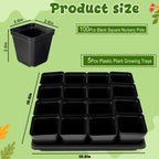 2.6in 100 Pcs Square Nursery Pots with 5 Pcs Plastic Seed Starting Trays