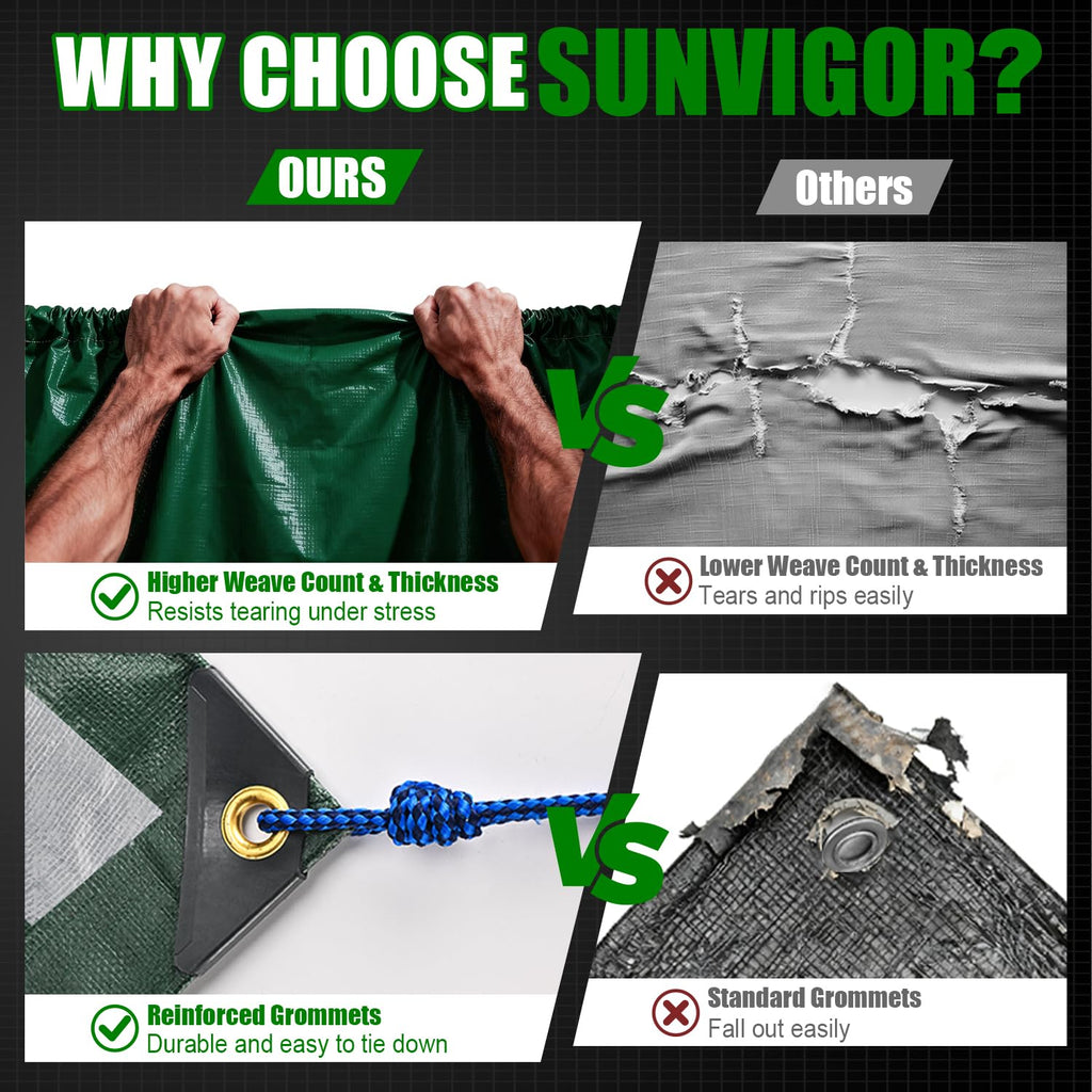 Sunvigor Tarp Waterproof 10x12Ft, Extra Thick 16 Mil Heavy Duty Tarp Cover, Tear & Fade Resistant, Outdoor Tarps with Brass Grommets and Reinforced Edges for Roof, Camping, Patio, Boat (Green/Silver)