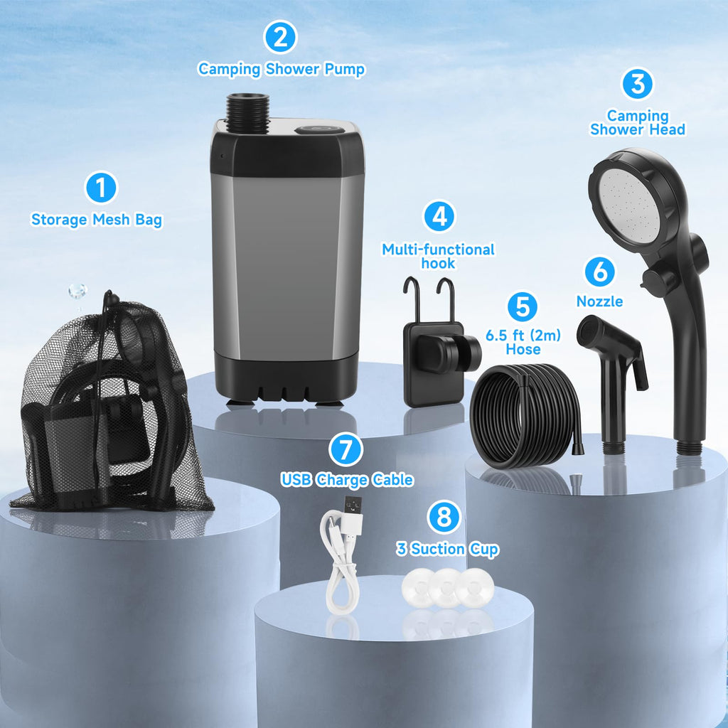 vignuto Portable Shower for Camping, Rechargeable Camping Shower kit with LED Display of Battery Level and Temperature, Lasting-150 Mins, Suitable for Outdoor Shower, Pet Bath, Car Washing