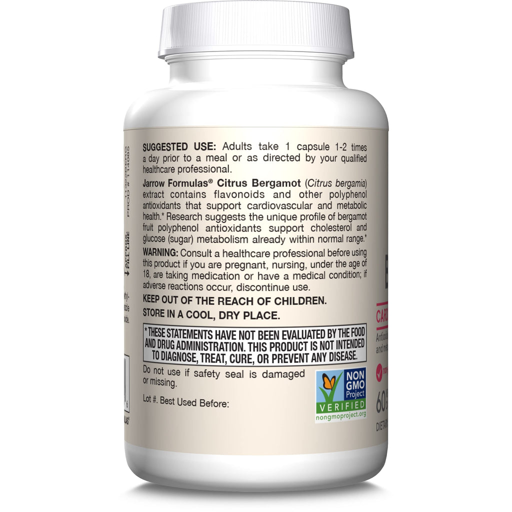 Jarrow Formulas Citrus Bergamot Supplement 500 mg - 60 Servings (Veggie Caps) - Antioxidant Support for Cardiovascular & Metabolic Health - Dietary Supplement - Vegan Gluten-Free- Use with QH-Absorb