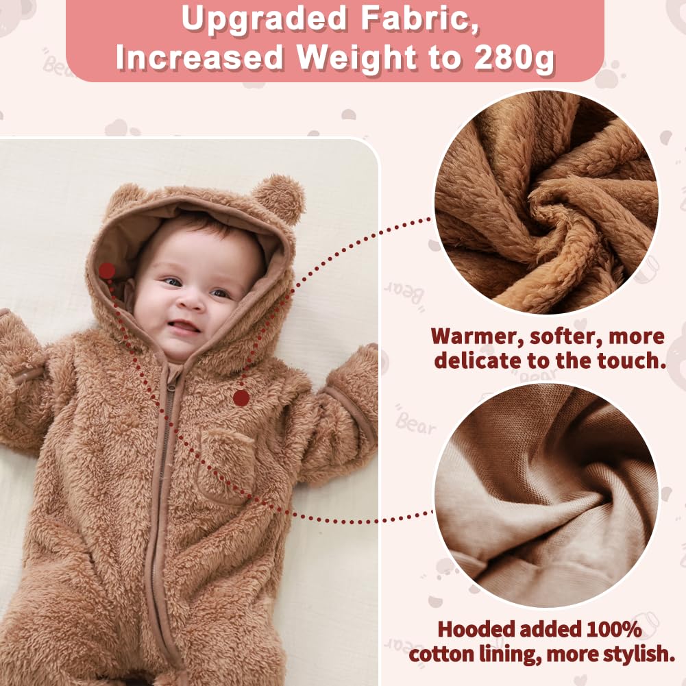 AiWMGL Newborn Baby Bear Outfit Suit With Fold-Over Mittens and Footies Girls Boys 0-3 Months Winter Fleece Clothes Suit Hooded Jumpsuit Romper Snowsuit