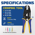 haisstronica Crimping Tool For Heat Shrink Connectors-AWG 26-10 Ratchet Wire Terminal Crimper-Ratcheting Crimper Tools-Available For Insulated Nylon Connectors and Electrical Wire Connectors HS-8327
