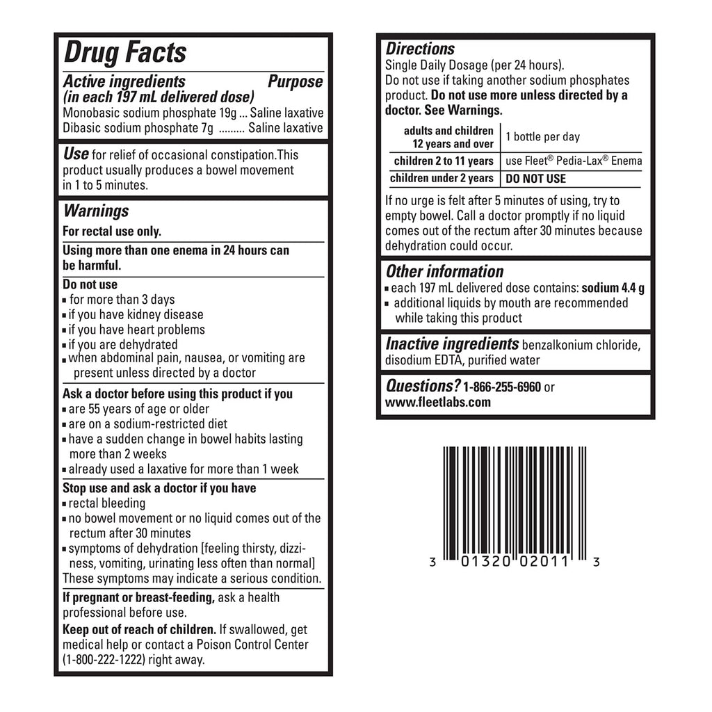 Fleet Laxative Saline Enemas for Constipation Relief for Adults, Extra Volume, 7.8 Fl Oz Each, Pack of 6 Bottles