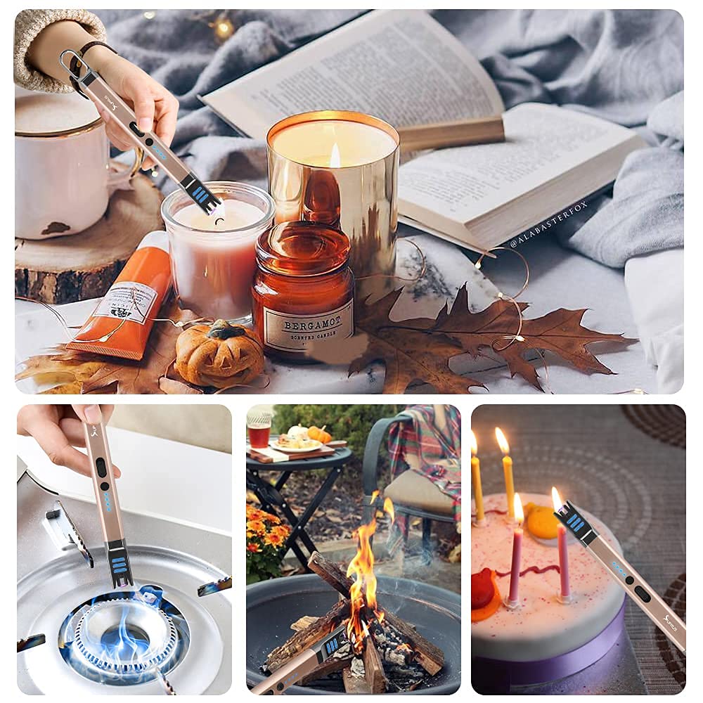 SUPRUS Candle Lighter Electric Arc Lighter Windproof Flameless USB Rechargeable Lighter with LED Light for Candle Camping BBQ Cooking (Black+Champagne Gold)