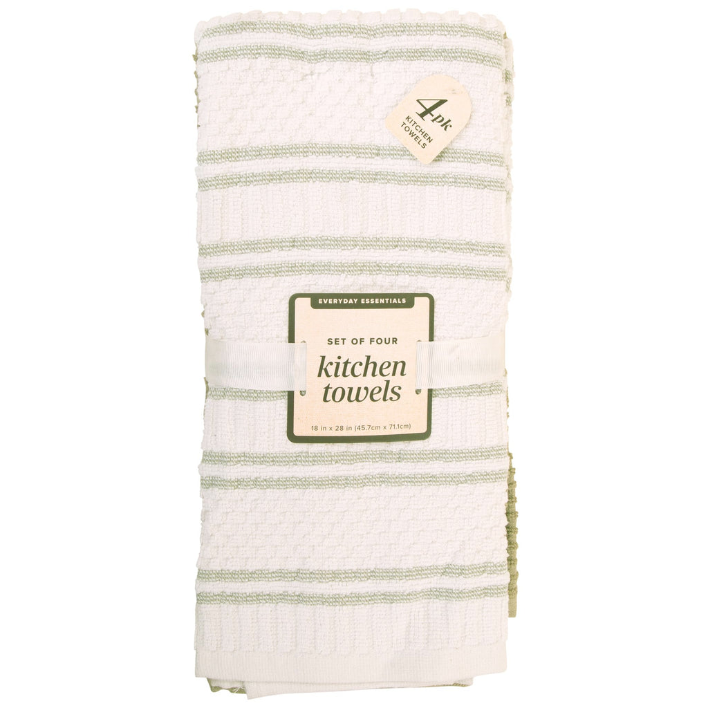 MosJos Kitchen Towels, Cotton Hand Towels, Sage Green and Cream Ribbed - Mini Weaved Stitched Set of 4 Absorbent Hand Drying Cloths, 18 x 28 Kitchen Linens