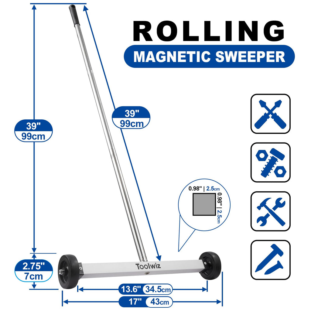 Toolwiz 17" Rolling Magnetic Sweeper 10lbs, with 8 lbs Telescopic Magnetic Pick Up tools with LED light–Lightweight Pick-up Sweeper with Wheels for Nails, Screws & Metal Debris Home Use Workshop