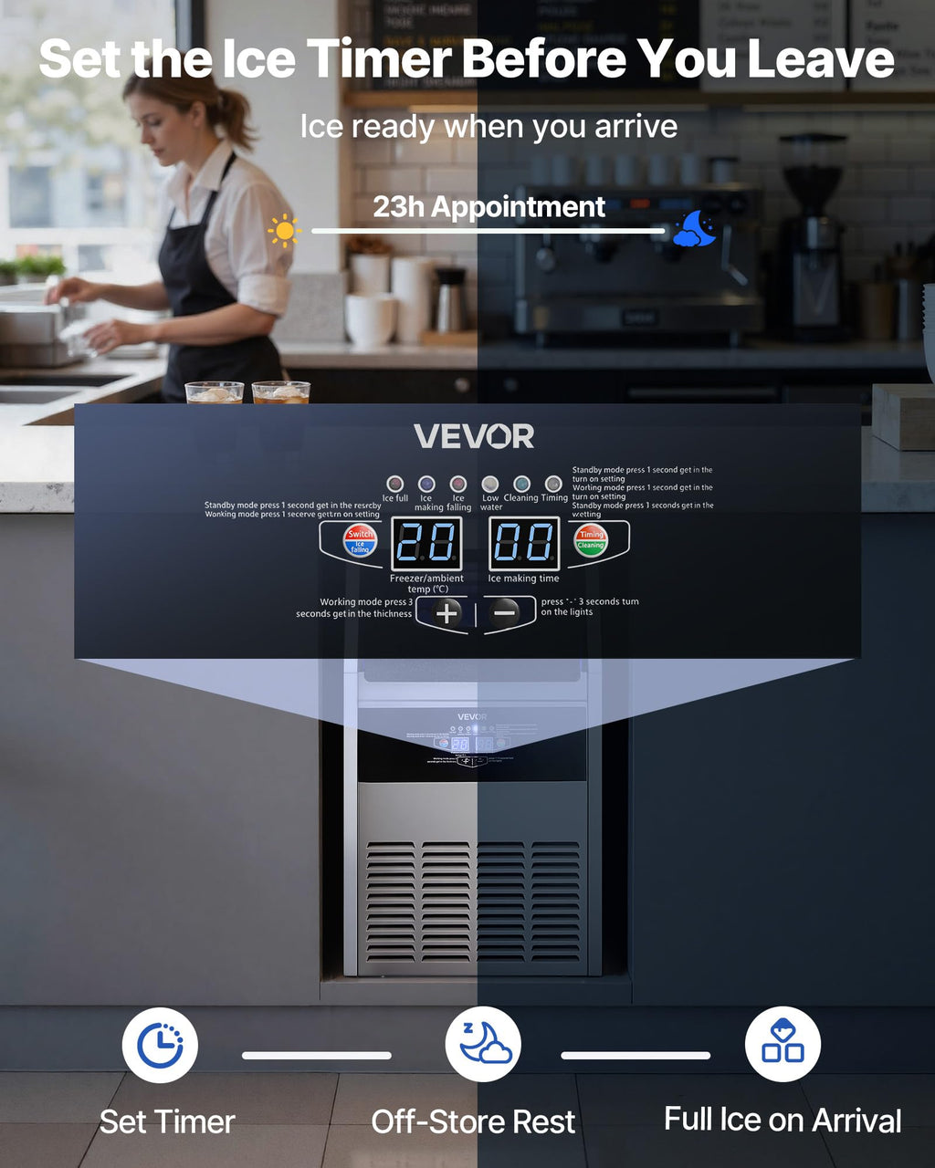 VEVOR Commercial Ice Maker Machine, 150 lbs/24h with 16-30 lbs Storage Capacity, Built-in/Freestanding/Under Counter, Stainless Steel Ice Maker with LED Display & Self-Cleaning, Home Bar Restaurant