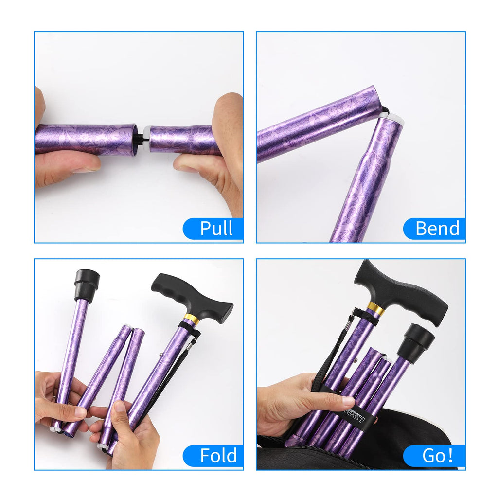 LIXIANG Folding Walking Cane, 5-Level Height Adjustable Walking Stick for Men & Women with Comfortable Plastic T-Handle Portable Walking Stick (Purple Flower)