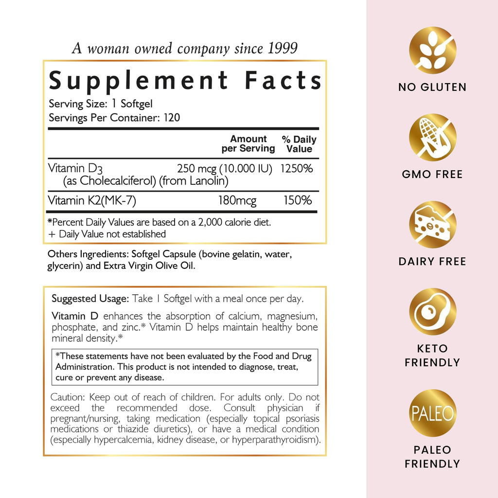 Cocó March N.M.D Vitamin D3+K2 10,000 IU - High Potency Supplement for Women & Men, Immune Support, Bone & Joint Health - Gluten-Free, Non-GMO, 4 Month Supply, 250 mcg D3, 180 mcg of Vitamin K2