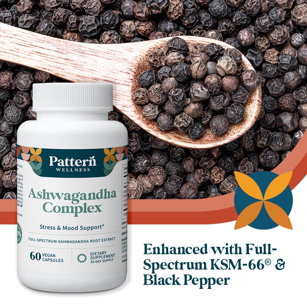 Pattern Wellness Ashwagandha Complex for Men & Women – Organic KSM-66® & Black Pepper Extract – Supports Stress Response & Energy Balance – Non-GMO – 60 Vegan Capsules