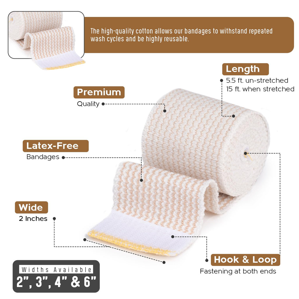 Premium Elastic Bandage Wrap (2” Wide, 6 Pack) - Nexskin Latex Free Athletic/Medical Compression Bandages Hook & Loop Fasteners at Both Ends - Lifetime Washable & Reusable Bandages