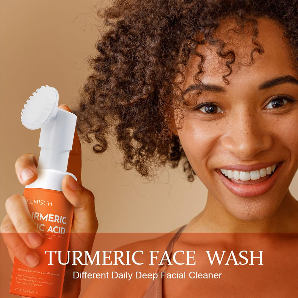 FluMisch Turmeric Kojic Acid Foaming Facial Cleanser, Kojic Acid And Turmeric Exfoliating Face Wash With Brush (4.23 fl.Oz), 2pcs