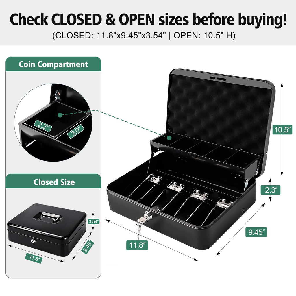 Jssmst Cash Box with Key Lock - 1mm Thick Metal Money Box for Garage Sales, Yard Sales and Petty Cash, Portable Cash Drawer with Coin Tray & Spill-Proof Foam Coin Cover, 4 No-Pinch Bill Clips,11.8''