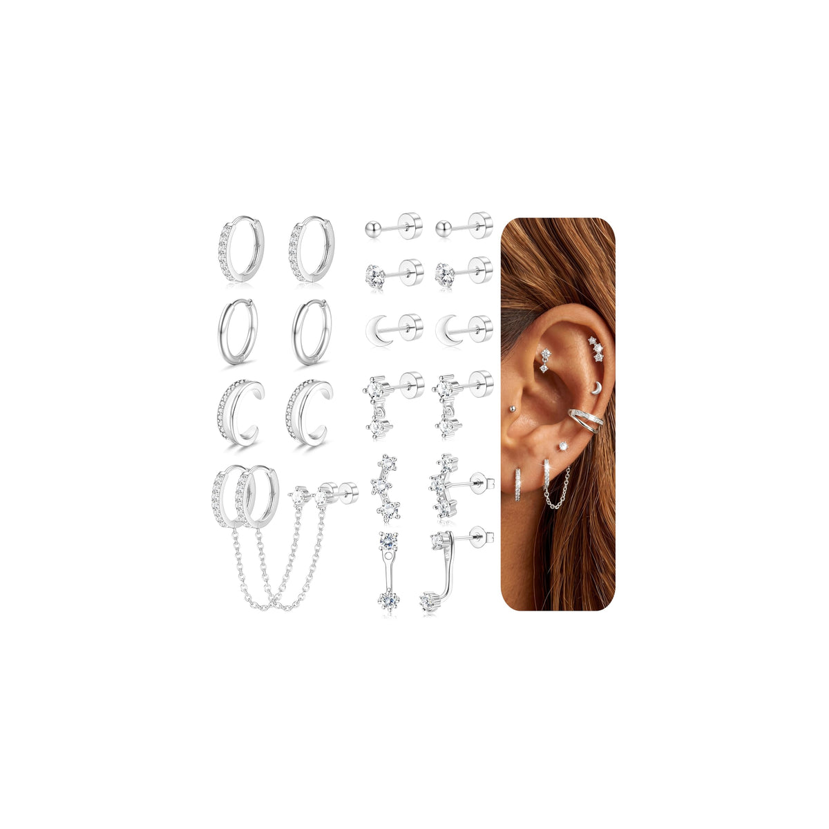 Florideco Silver Earrings Hypoallergenic Cartilage Earring Stacks