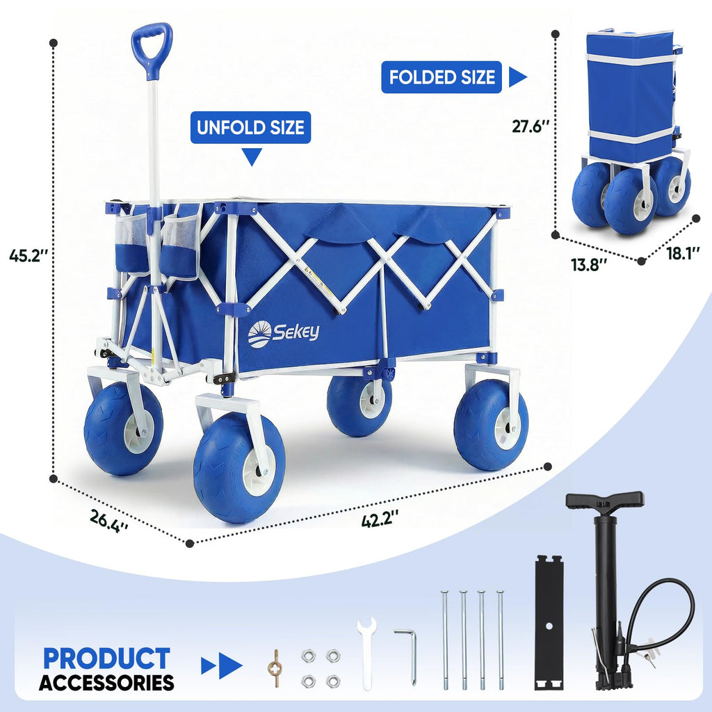 Sekey Heavy Duty Beach Wagon with 9" Big Sand-Proof Wheels – 600lb Capacity, 200L Oversized Foldable Cart | Adjustable Handle & All-Terrain Tires for Sand, Camping