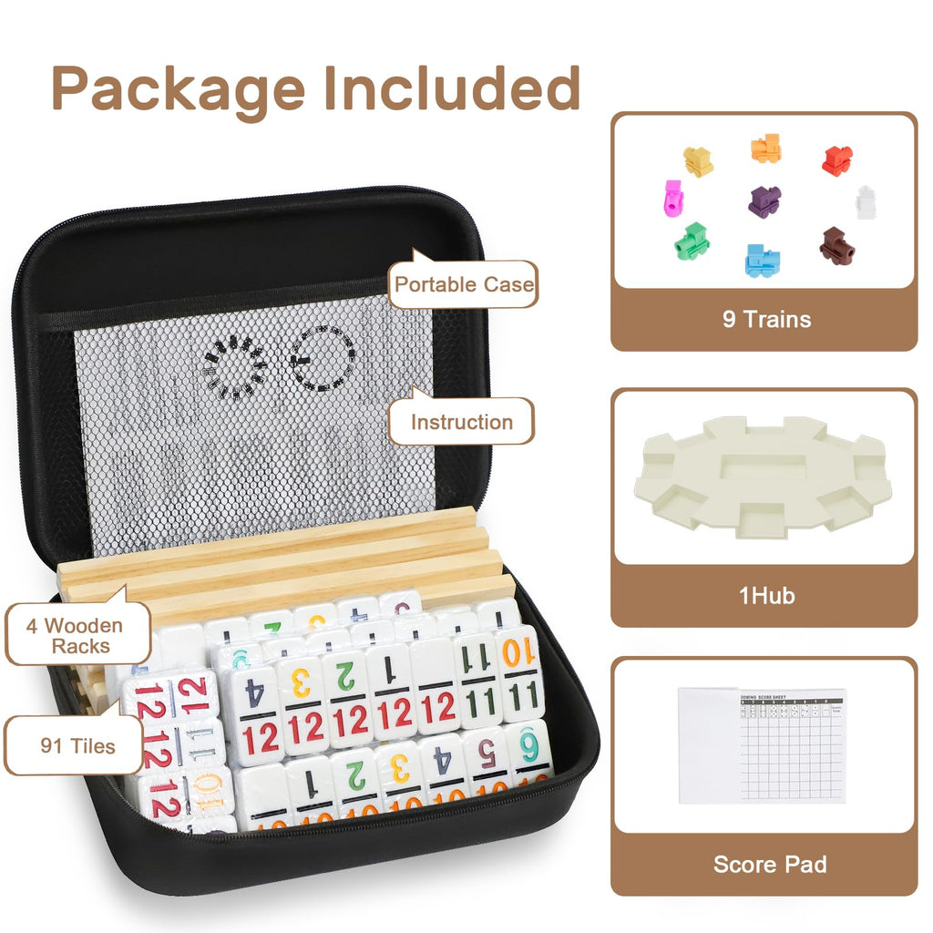 Mexican Dominos Set with Numbers and 4 Wooden Trays/Stands, Double 12 Dominoes, Travel Set with 4 Tile Holders, 91 Double Plates, 12 Colourful Dominoes with Portable Case, for