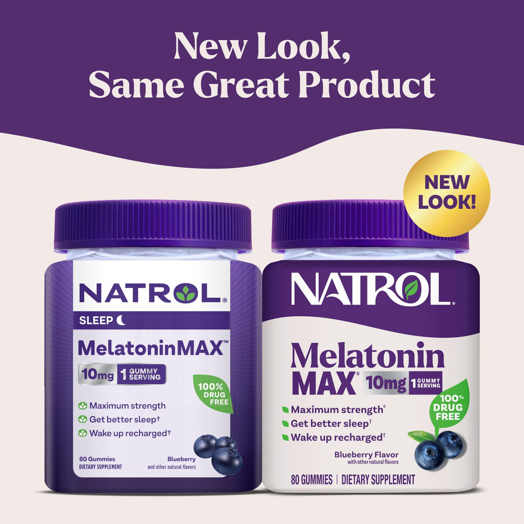 Natrol Melatonin 10mg Sleep Aid Supplement, 80 Count MelatoninMax Gummies, Blueberry Flavor, 10 mg Melatonin Gummies for Occasional Sleeplessness, 80 Day Supply