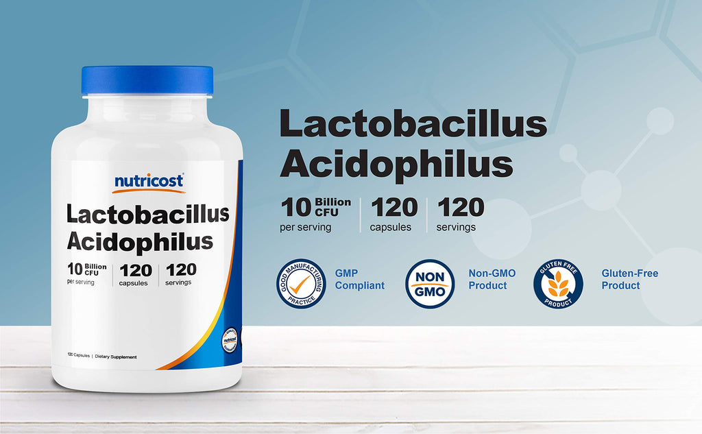 Nutricost Lactobacillus Acidophilus 10 Billion CFU, 120 Veggie Capsules - Probiotic (2 Bottles)