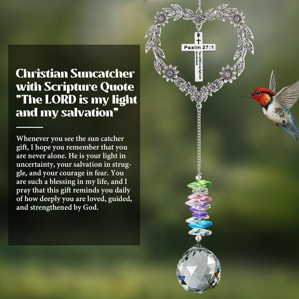 Elivida Christian Gifts for Women, Heart-Shaped Suncatcher with Cross - Religious Birthday Ornament with Scripture The Lord is My Light and My Salvation - Inspirational Catholic Spiritual Gifts