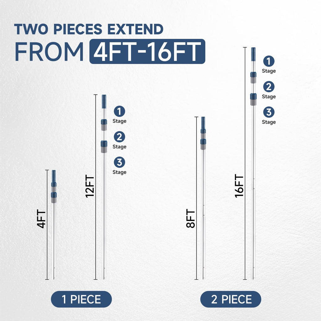 Orvella Pool Pole, 16FT Telescopic Pool Cleaning Pole, Professional Aluminum Swimming Pool Poles, 1-1/4" Universal Connector for Skimmer Net, Brush & Vacuum Head