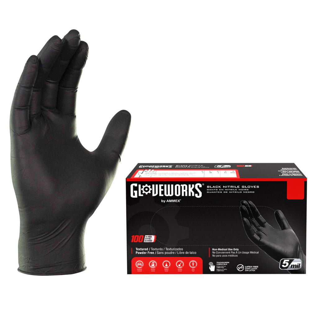 GLOVEWORKS Black Nitrile Gloves 5 Mil Disposable for Food Service, Cooking, Professional Cleaning, Size Large, Box of 100