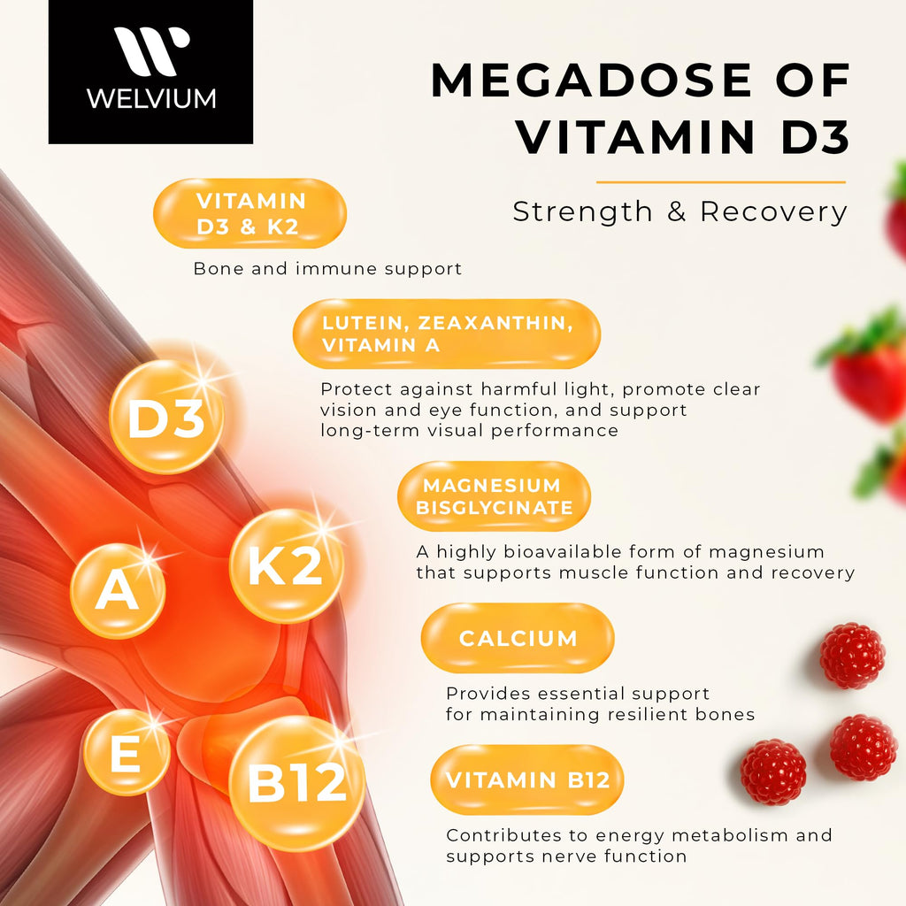 WELVIUM Vitamin D3 K2 Gummies 10000 IU with Magnesium Glycinate, Calcium, B12, K2 MK-7, Vitamins A, E, Lutein, Zeaxanthin - ADK Chewable Supplement for Bone, Eye, Immune Support - D3K2 Gummies