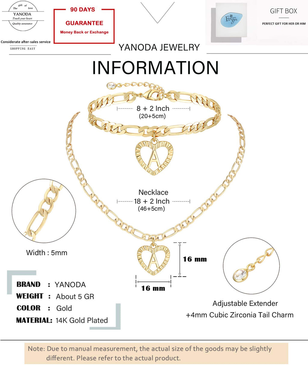 YANODA Gold Initial Pendant Necklace Anklet Bracelet for Women 14K Gold Plated Figaro Chain Letter Initial Heart Necklace Anklets Alphabet Foot Jewelry Personalized Jewelry for Women S