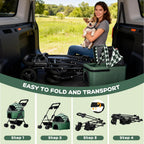 PUPIHOM Foldable pet Stroller for Cats with Detachable Weather Cover, 4 Wheels Pet Strolling Cart for Dogs and Cats with Storage Basket and Cup Holder（Green）