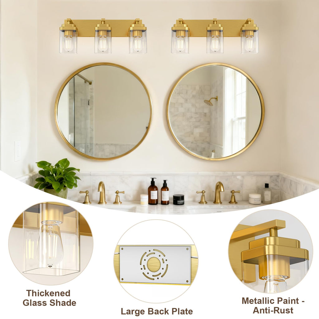 LKHF Brushed Gold Bathroom Light Fixtures, 3 Lights Bathroom Lighting Fixtures Over Mirror, Square Design & Rectangle Large Backplate, Modern Vanity Lighting Fixtures, for Living Room/Bedroom