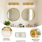 LKHF Brushed Gold Bathroom Light Fixtures, 3 Lights Bathroom Lighting Fixtures Over Mirror, Square Design & Rectangle Large Backplate, Modern Vanity Lighting Fixtures, for Living Room/Bedroom