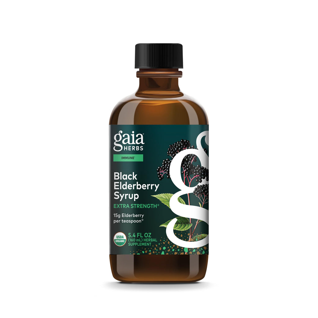 Gaia Herbs Black Elderberry Syrup - Made with Organic Black Elderberries (Sambucus nigra) for Immune System Support* - USDA Certified Organic Formula - 5.4 Fl Oz (About 32 to 128 Servings)