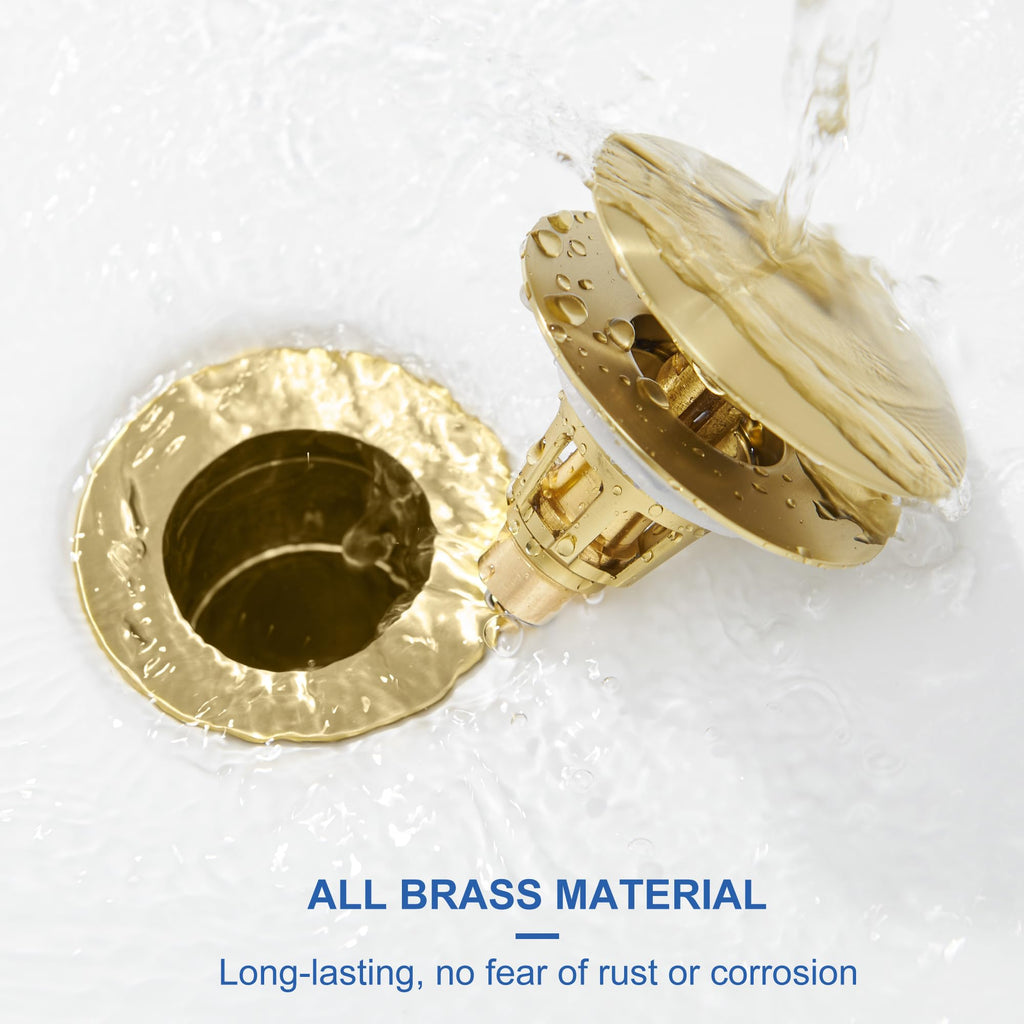 PerPaiMe Universal Bathroom Sink Stopper - Pop Up Sink Drain Stopper, Push Button Flixfilter Sink Drain Stopper Replacement, Wash Basin Drain Filter Plug Anti-Clogging Basket, Brushed Gold