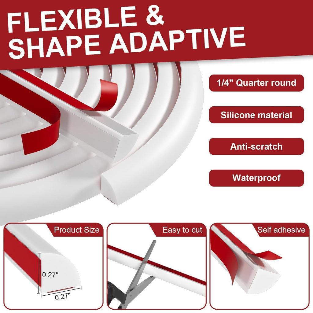 0.25" x 0.25" Mini Quarter Round Molding, 10FT Ultra-Slim Peel and Stick Trim for Small Gaps, Countertop Wall Seam, Window Sill, Desk & Cabinet Edge, Flexible Self Adhesive Finishing Strip