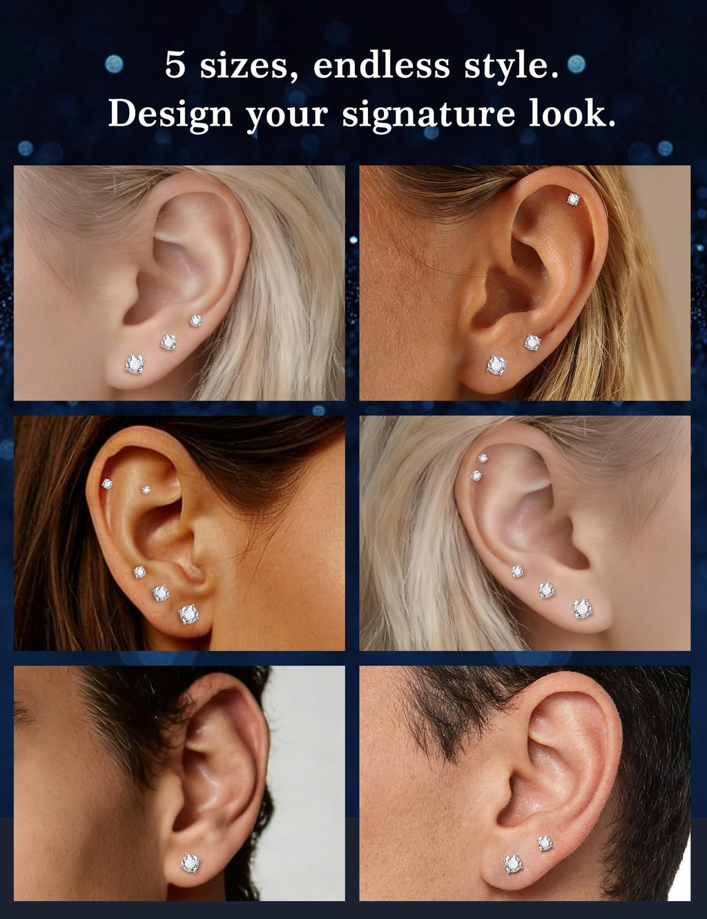 Kosuwo Moissanite Stud Earrings Set, 925 Sterling Silver, 18K White Gold Plated, Hypoallergenic, 5 Pairs, for Women and Men (18K White Gold)