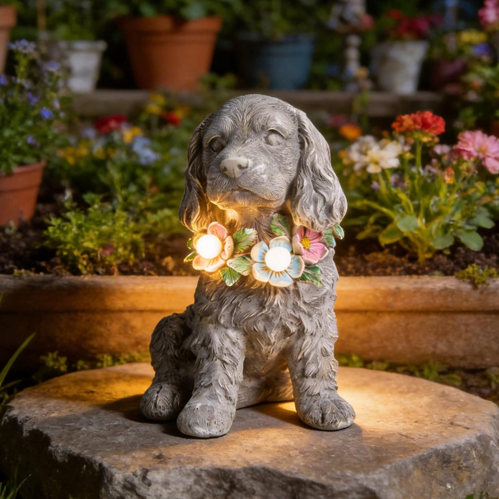 Dog Garden Statue, Solar Cocker Spaniel with Lighted Garland Yard Ornaments