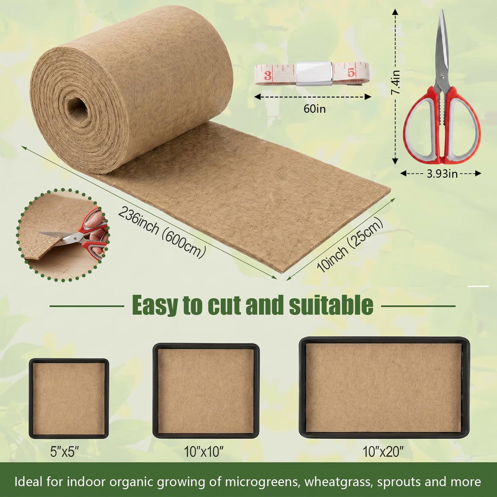 1Roll10" X 236"Microgreen Grow Mats,Natural Fiber Grow Mats,Hydroponic Growing Pads With Scissors and Tape Measure for Wheatgrass,Bean Sprouts,and Hydroponic Seed Growing Compatible with Growing Trays