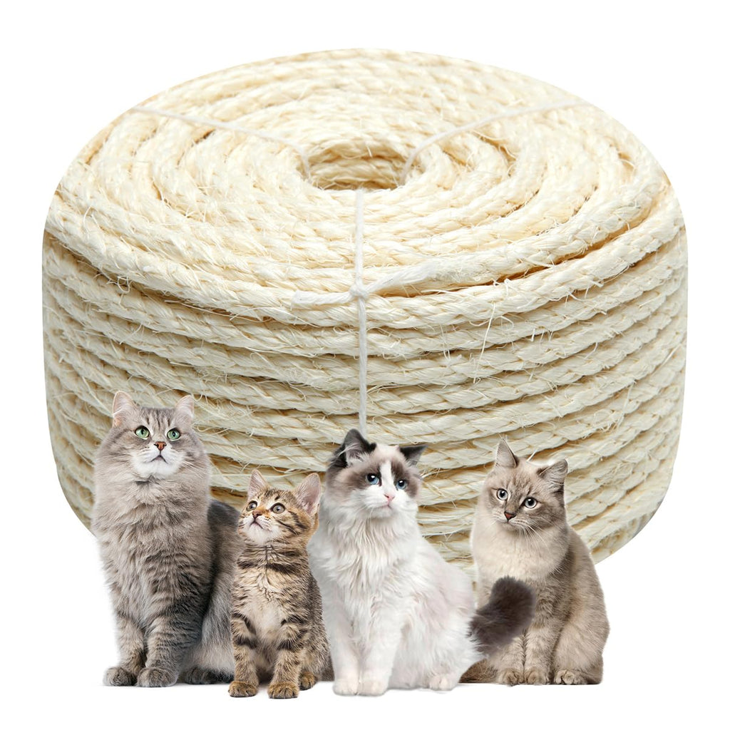 Natural Sisal Rope 1/4 Inch 6mm 98-Feet for Cat Scratching Post Tree Tower Replacement Repair and Replace, DIY Hemp Twine Rope for Cat Scratching Furniture Window Perch and Crafts Gardening