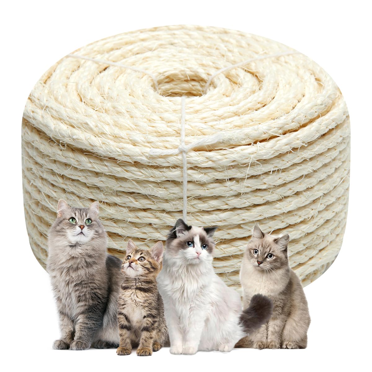 Natural Sisal Rope 1/4 Inch 6mm 98-Feet for Cat Scratching Post Tree Tower Replacement Repair and Replace, DIY Hemp Twine Rope for Cat Scratching Furniture Window Perch and Crafts Gardening